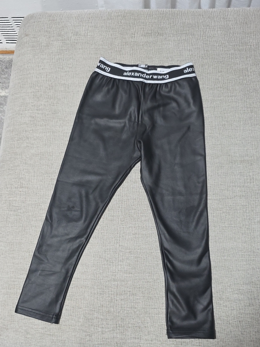 Kids Black Faux Leather Logo Waist Leggings